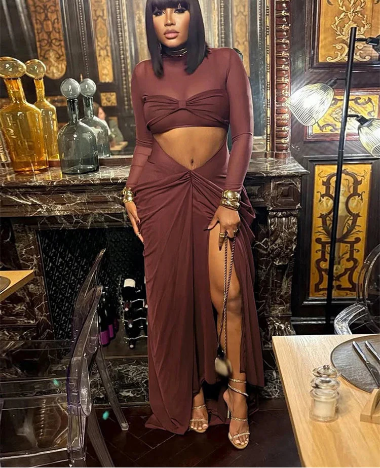Brown Turtleneck Long Sleeve Mesh Cut Out Maxi Wrap Dress