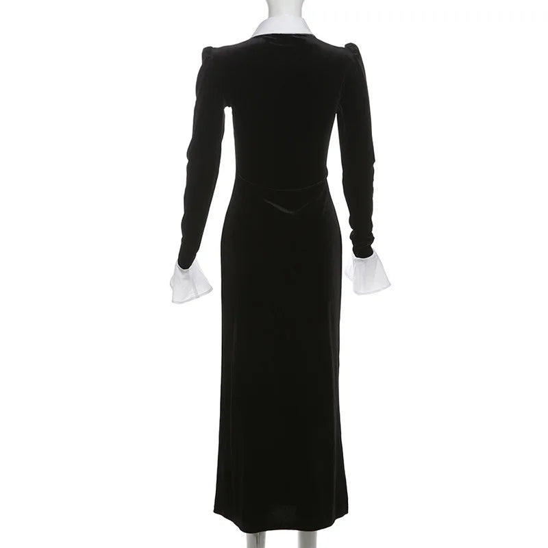 Black Velvet Turn-down Collar Zipper Maxi Dress