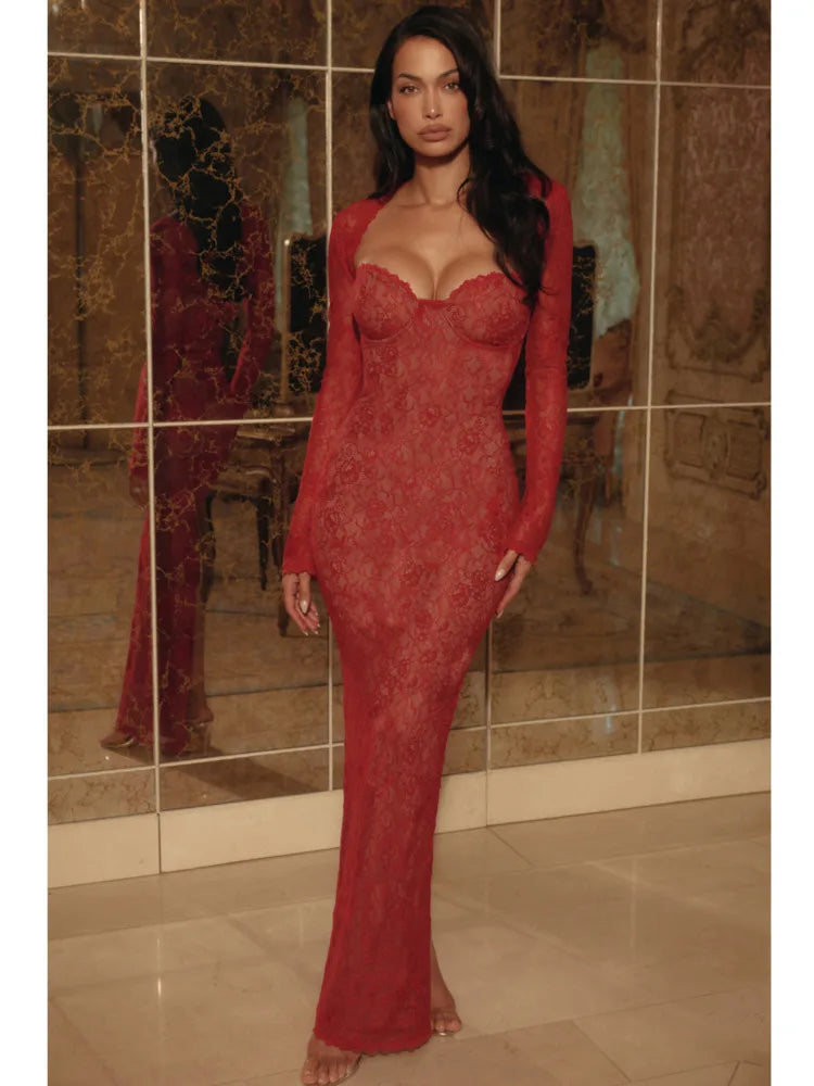 Red Lace Sheer Sleeve Removable-Sleeve Maxi Dress