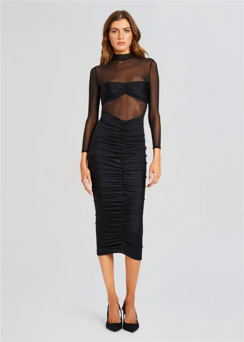 Black Sheer Long Sleeve Ruched Maxi Dress