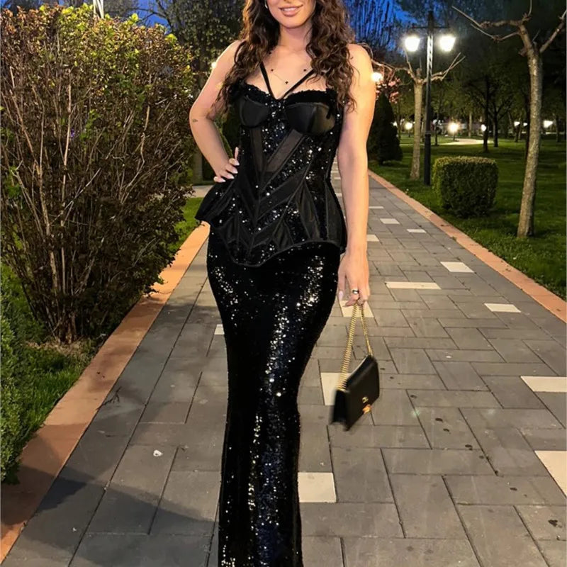 Black Sequin Spaghetti Strap Mermaid Gown