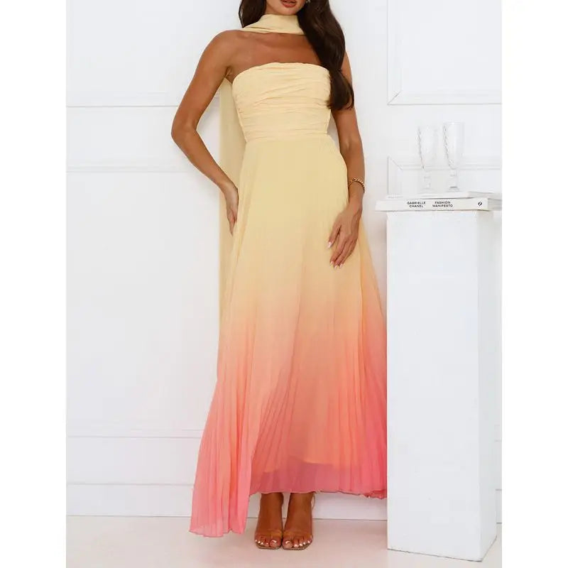 Ethereal Glow – Strapless Pink Ombre Maxi Dress for Summer Days