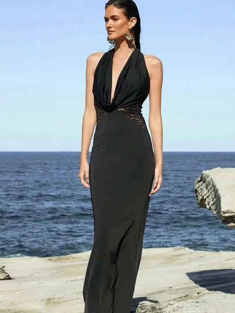 Black Lace Spliced Deep V Halter Evening Gown