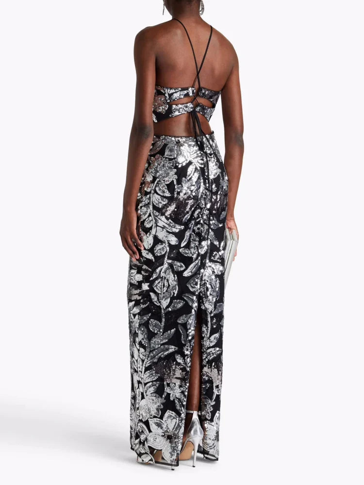 Silver Floral Sequin Halter Gown – Elegant Evening Dress