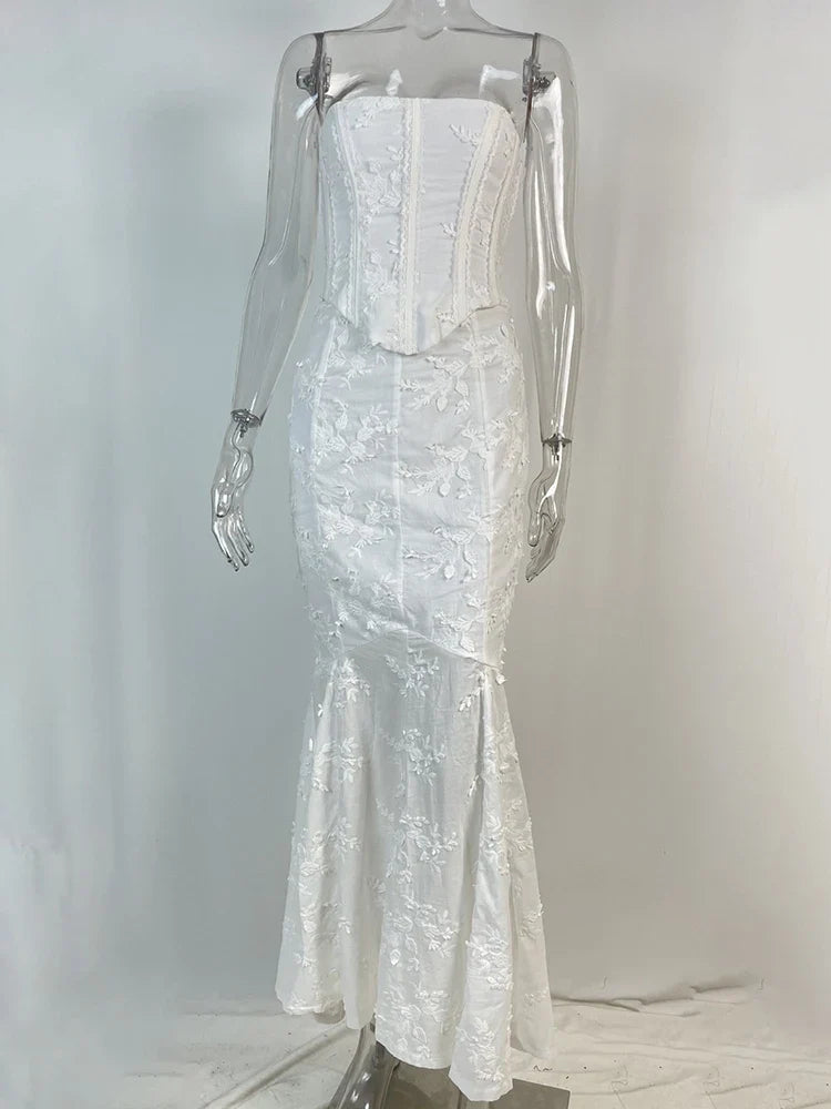 Strapless White Crop Top & Maxi Skirt Set