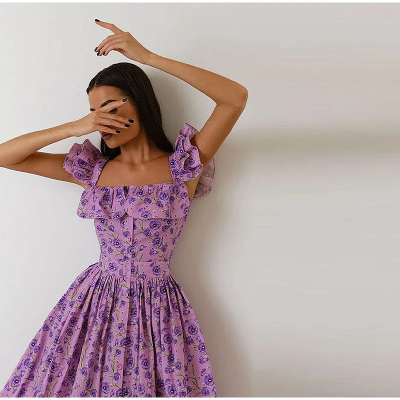 Elegant Ruffled Paisley Maxi Dress for Summer Soirees