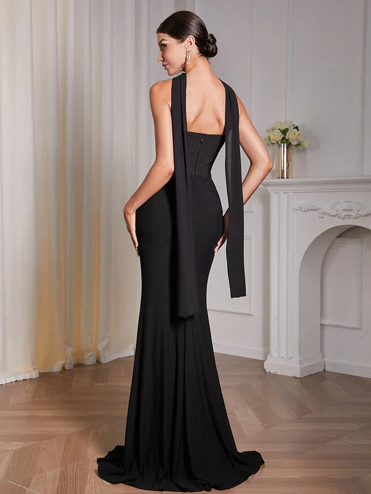 Black Strapless Draped Patchwork Maxi Dress