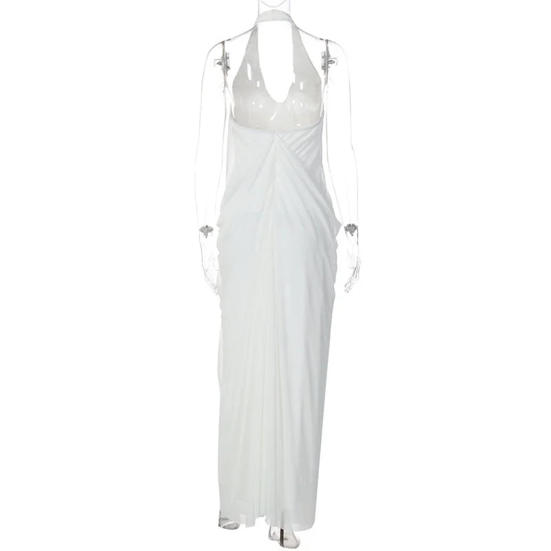 White Halter Drape Maxi Dress