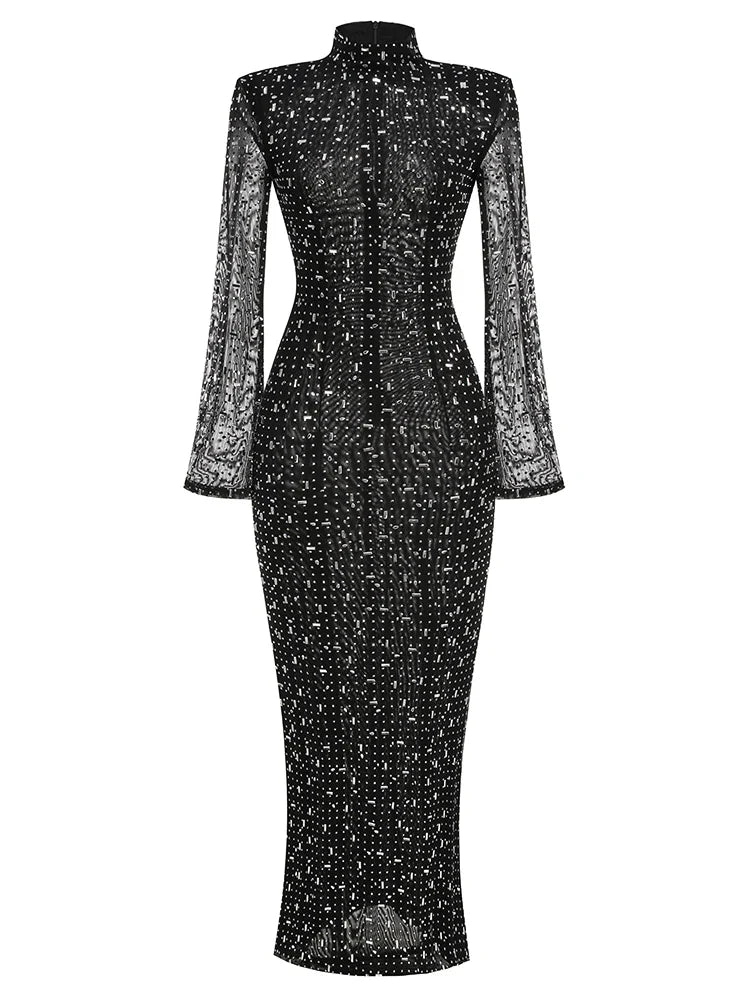 Black Turtleneck Mesh Diamond Long Sleeve Gown