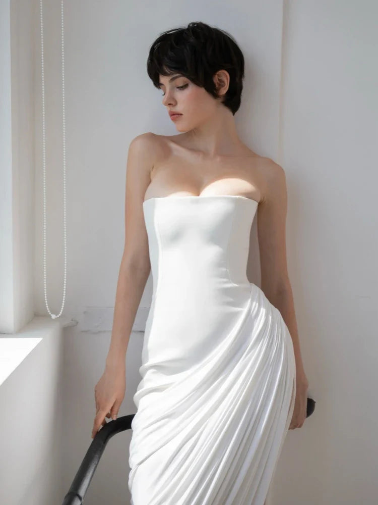 White Strapless Draped Maxi Dress with High Slit