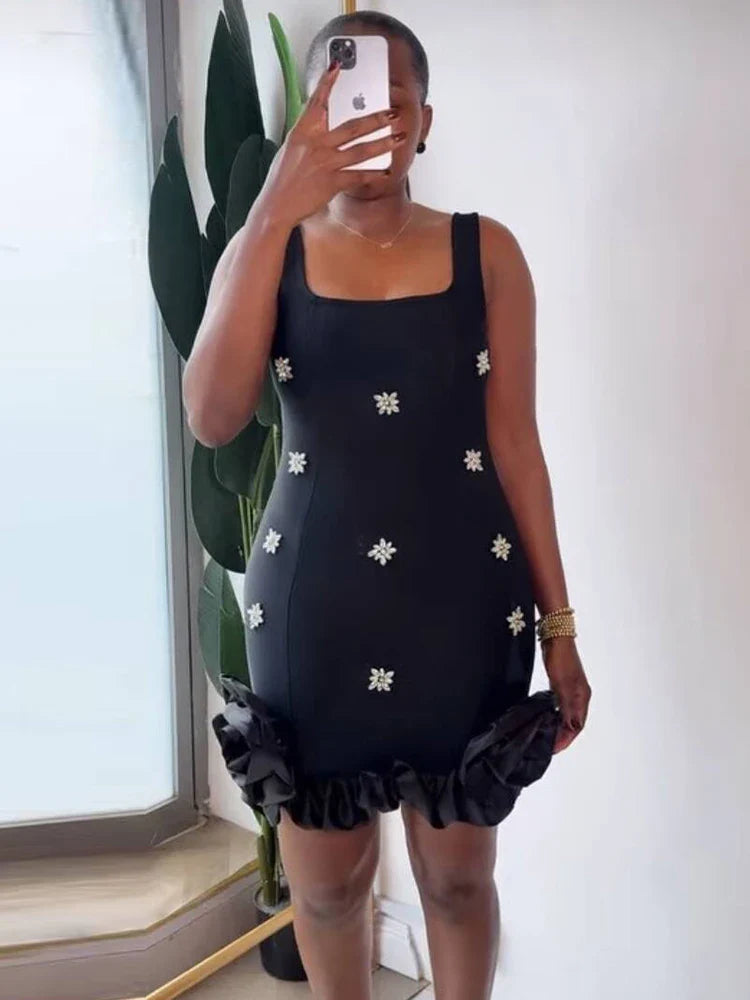 Light Blue Crystal Flower Bandage Mini Dress | Square Neck Evening Party Gown