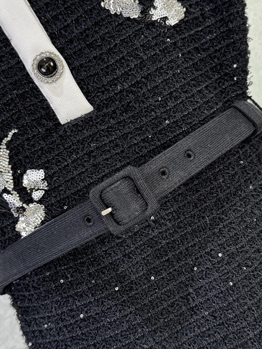 Embroidered Round Neck Short Sleeve Knitted Mini Dress