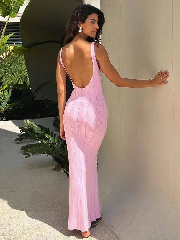 Ribbed Knit Maxi Dress | Backless Summer Beach Glam