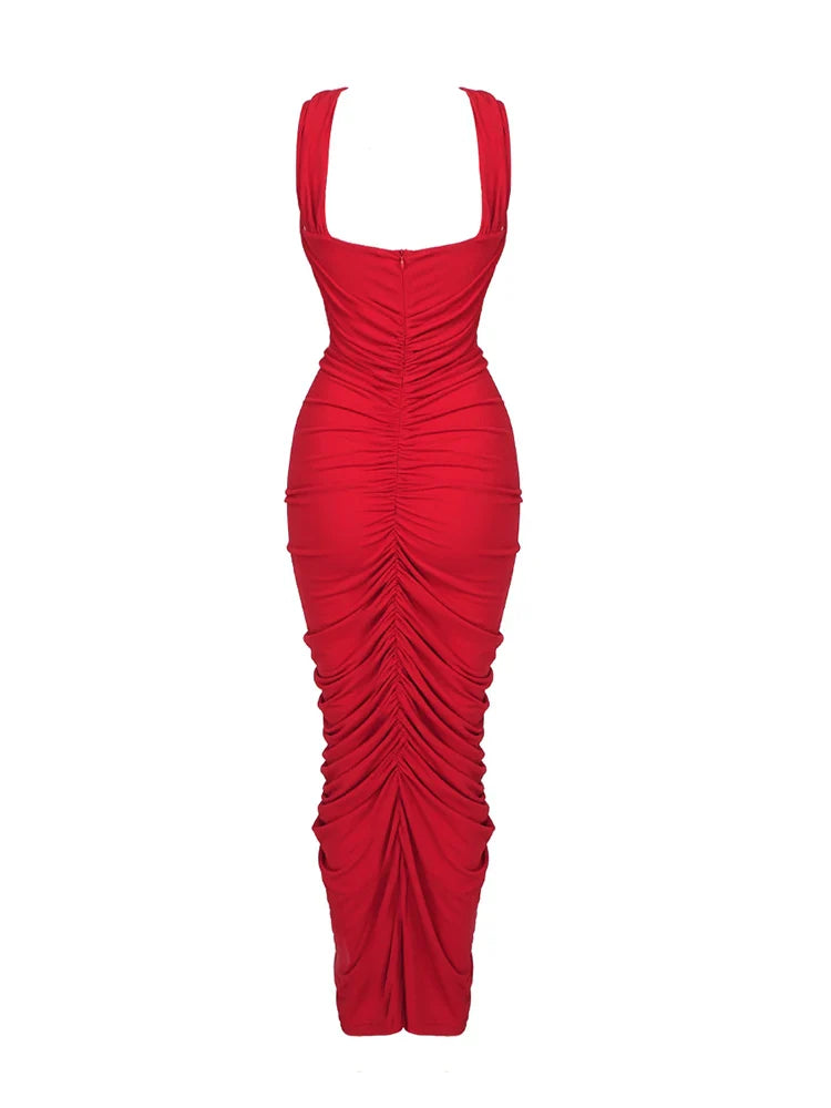 Red Cut-Out Bodycon Midi Dress with Ruched Flower Detail