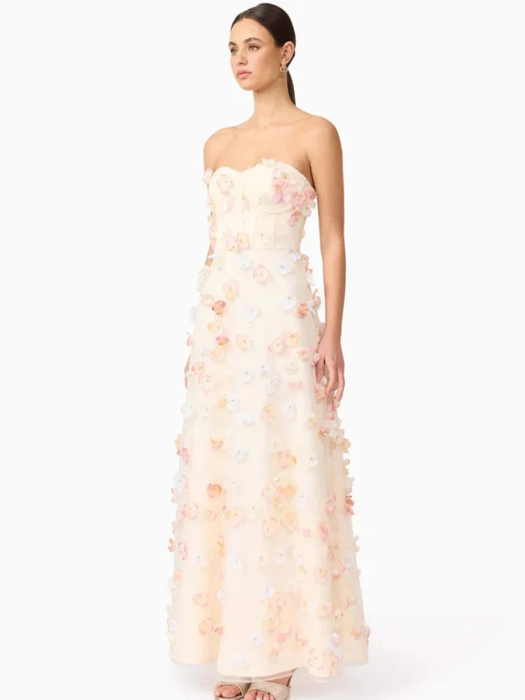 Beige Mesh Appliqué Strapless Gown – Floral Sleeveless Long Dress