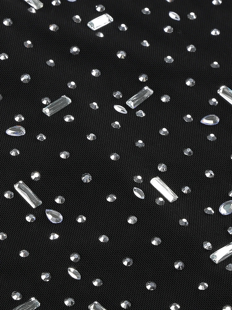 Black Turtleneck Mesh Diamond Long Sleeve Gown