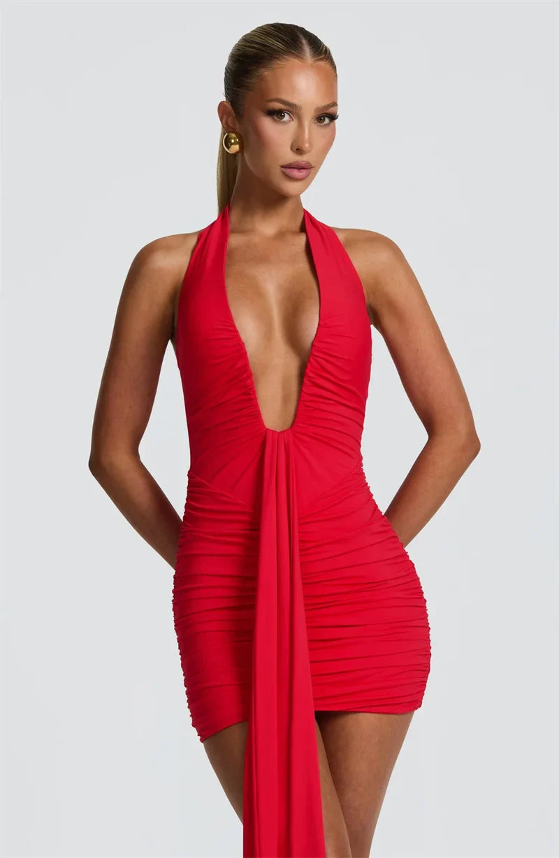 Plunge  Neck Ruched Mini Dress