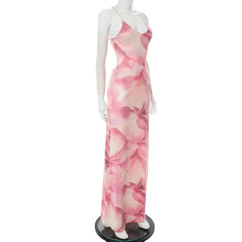 Pink Printed Spaghetti Strap Maxi Dress