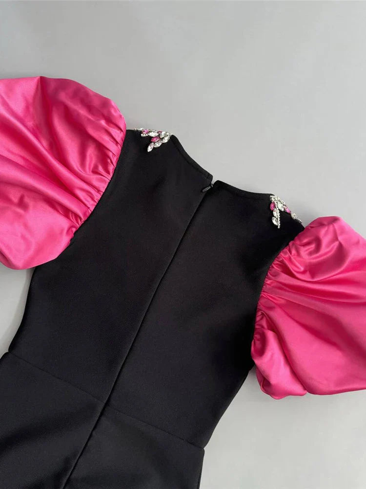 Black Dress with Pink Puff Sleeves - Square Neck Diamond Beaded Bandage Dress