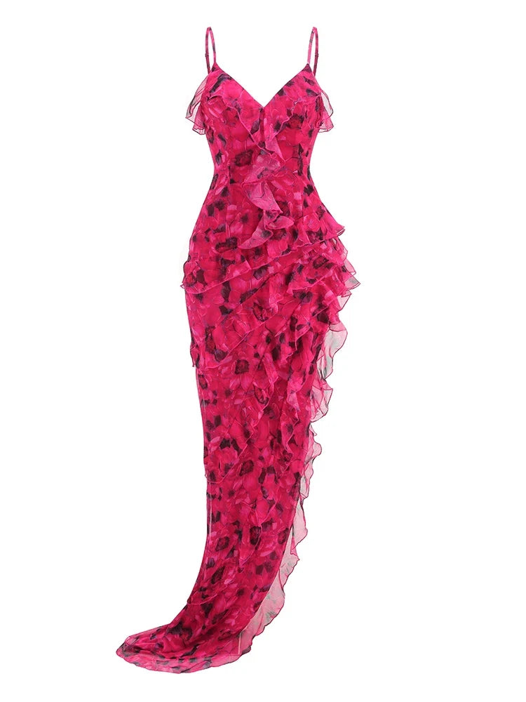 Pink floral dress with ruffled layers