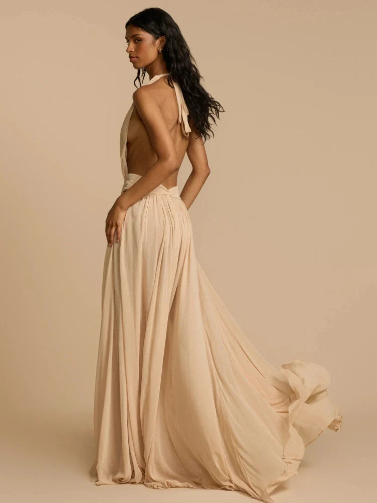 Apricot & Claret Deep V-Neck Backless Pleated Long Dress