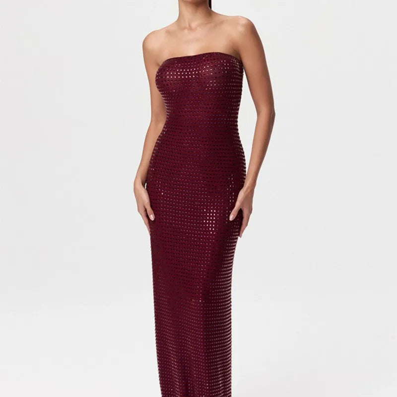 Red Wine Crystal Beaded Strapless Gown – Elegant Backless Evening Maxi Dress