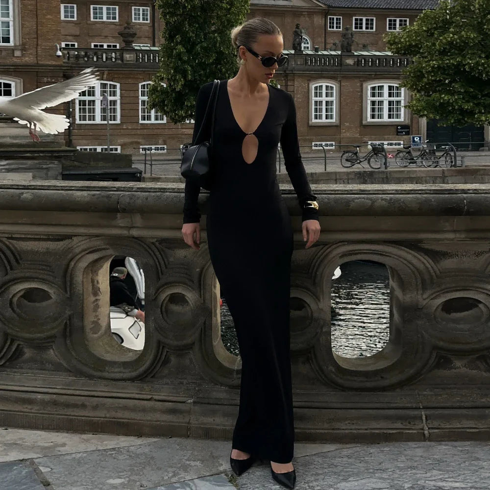 Black Cutout Sheath Maxi Dress | Long Sleeve Ankle-Length Glam