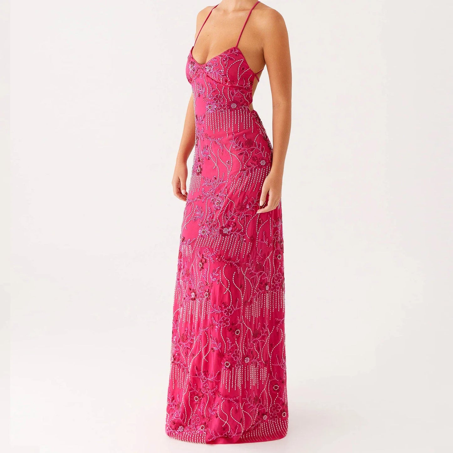 Sequin Sparkly Maxi Dress - V- Neck Floral Cami Long Dress