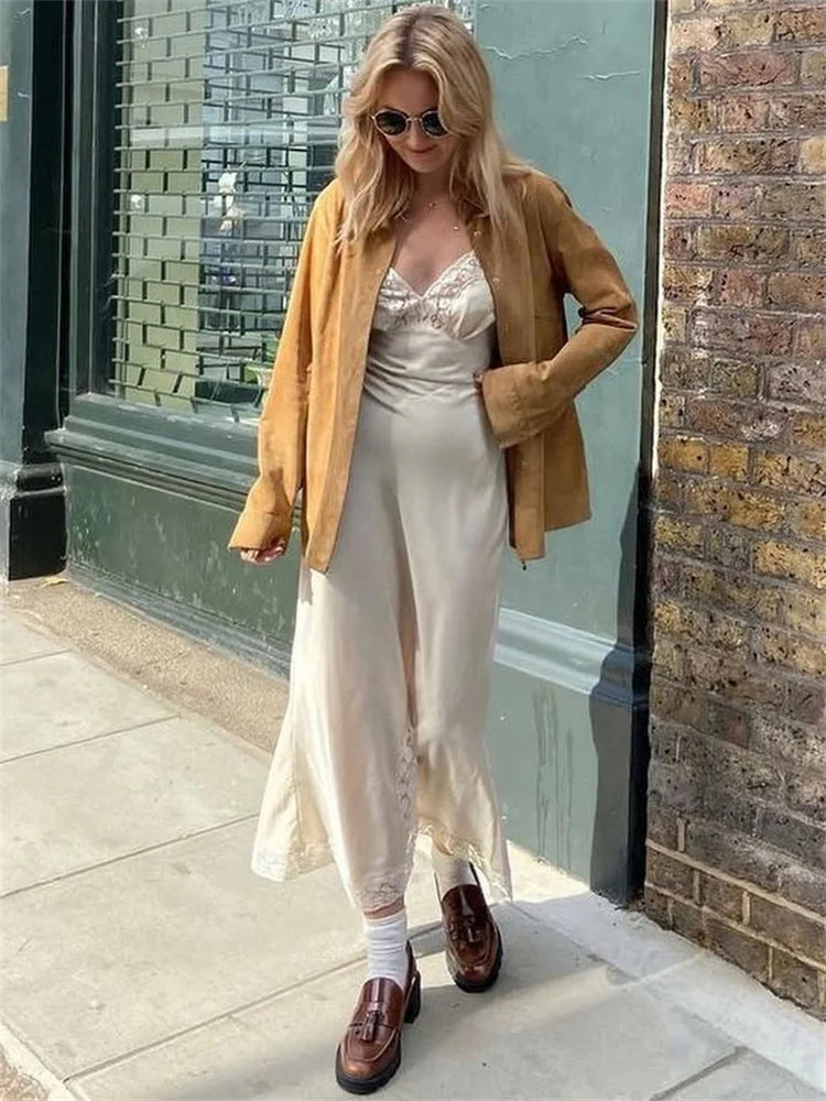 Patchwork Satin Lace Maxi Dress – Elegant V-Neck Evening Gown