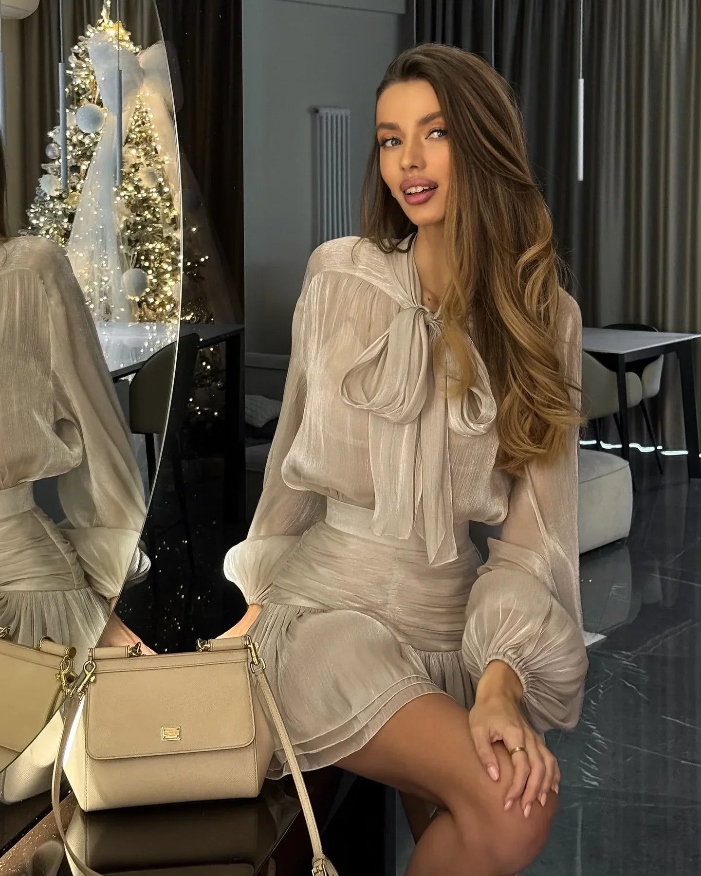 Bow High-Waisted Chiffon Two-Piece Dress Suit - See-Through Set