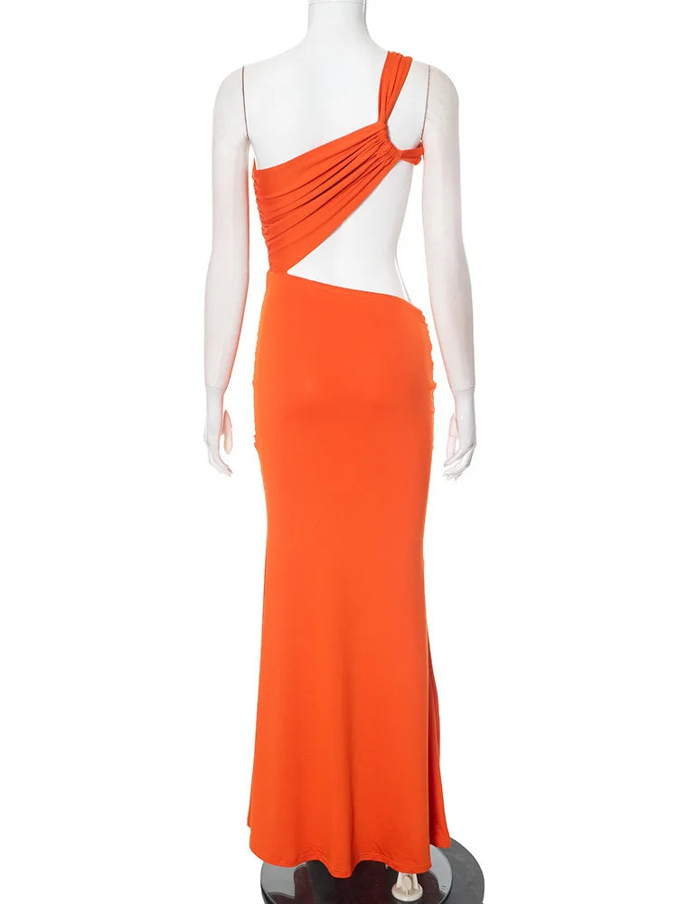 Draped Irregular Strap Cut Out Ruched Maxi Dress