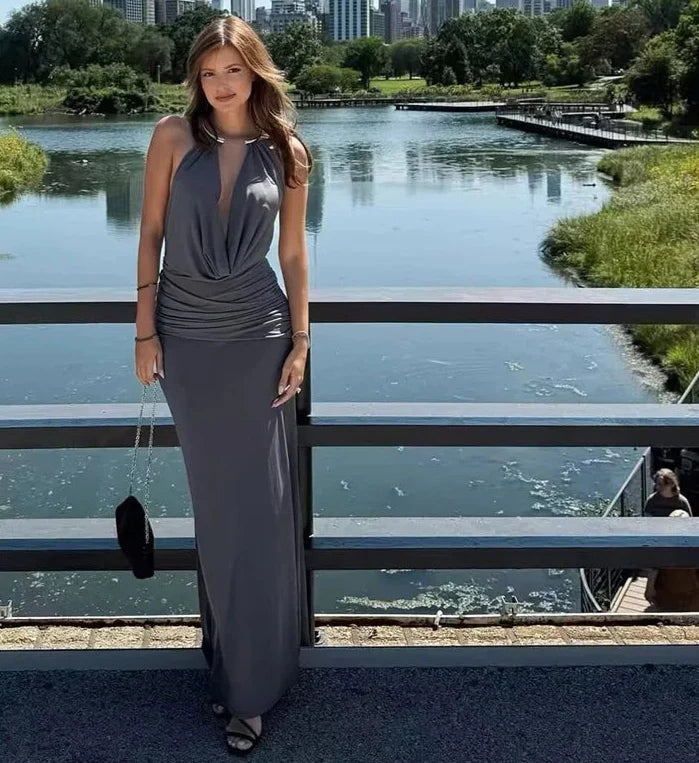 Grey Halter Cowl-neck Draped Maxi Dress