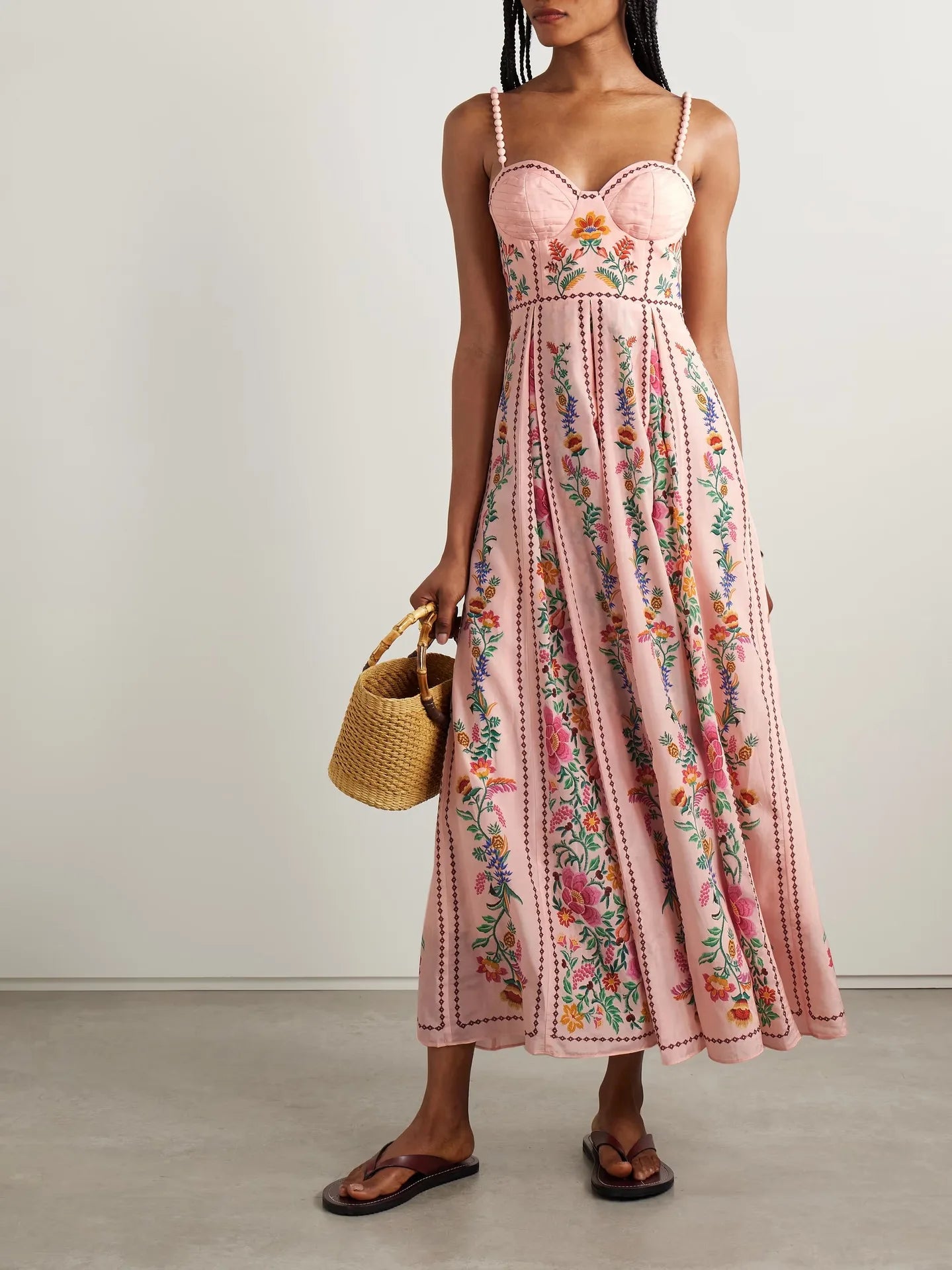 Floral Print Pleated Tube Top A-Line Maxi Dress with Low Cut Back