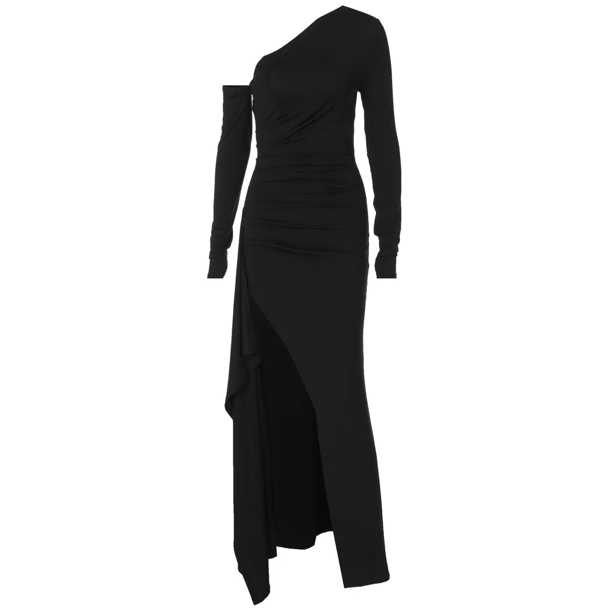 Black Ruched Maxi Dress – Long Sleeve High Slit Evening Gown