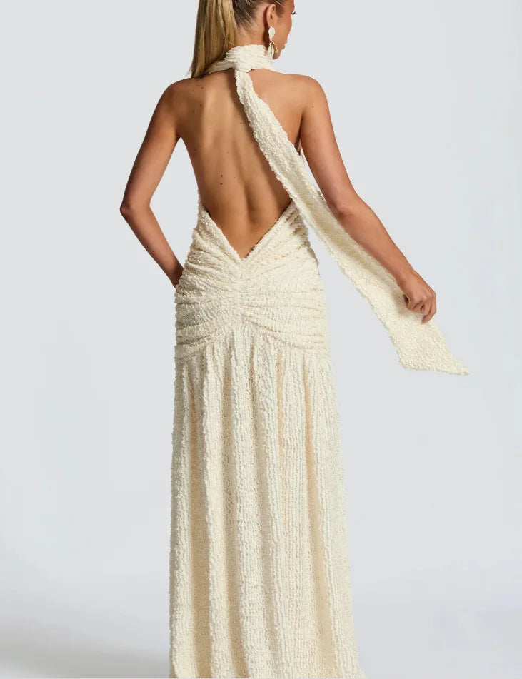 Textured Pleated Deep Halter Neck Maxi Dress