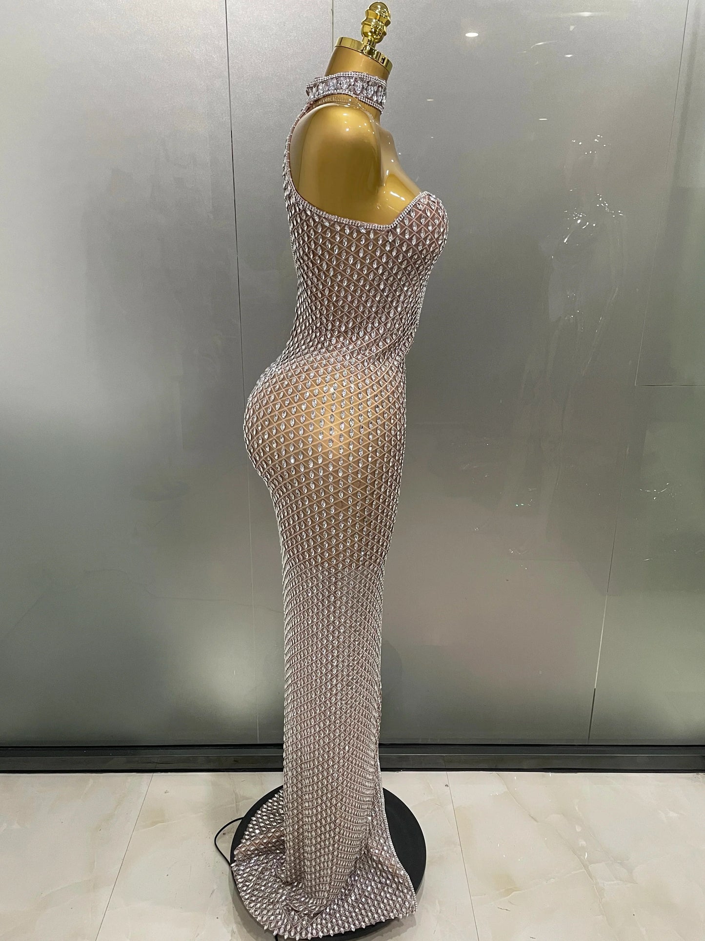 Khaki Full Rhinestones Transparent Long Dress