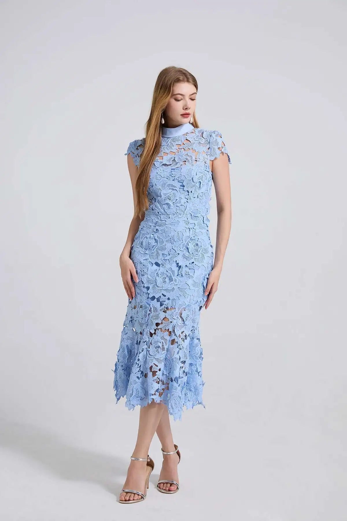 Embroidered Lace Mermaid Dress – Elegant Formal Fishtail Gown with Short Sleeves