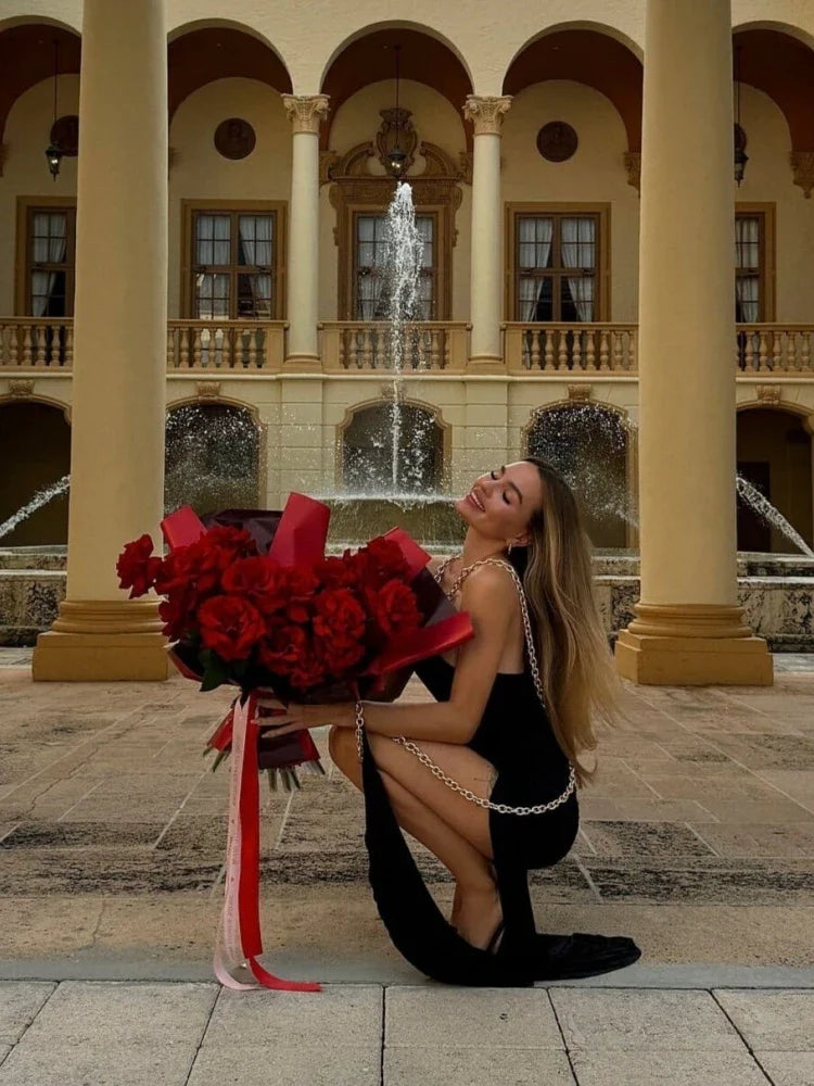 Black Chain Halter Velvet Dress with Pleated Fold Detail