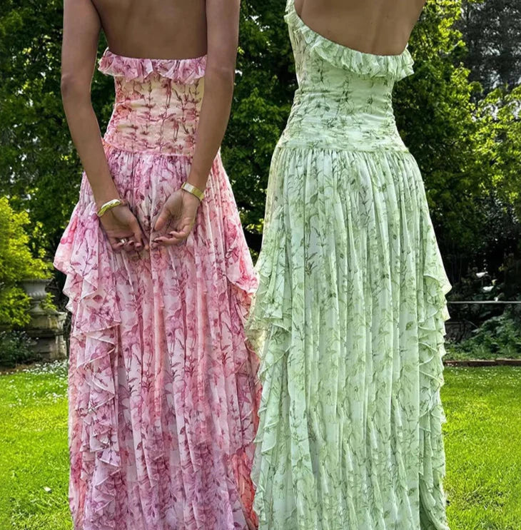 Pink Floral Halter Backless Long Dress – Elegant Summer Beach Evening Look