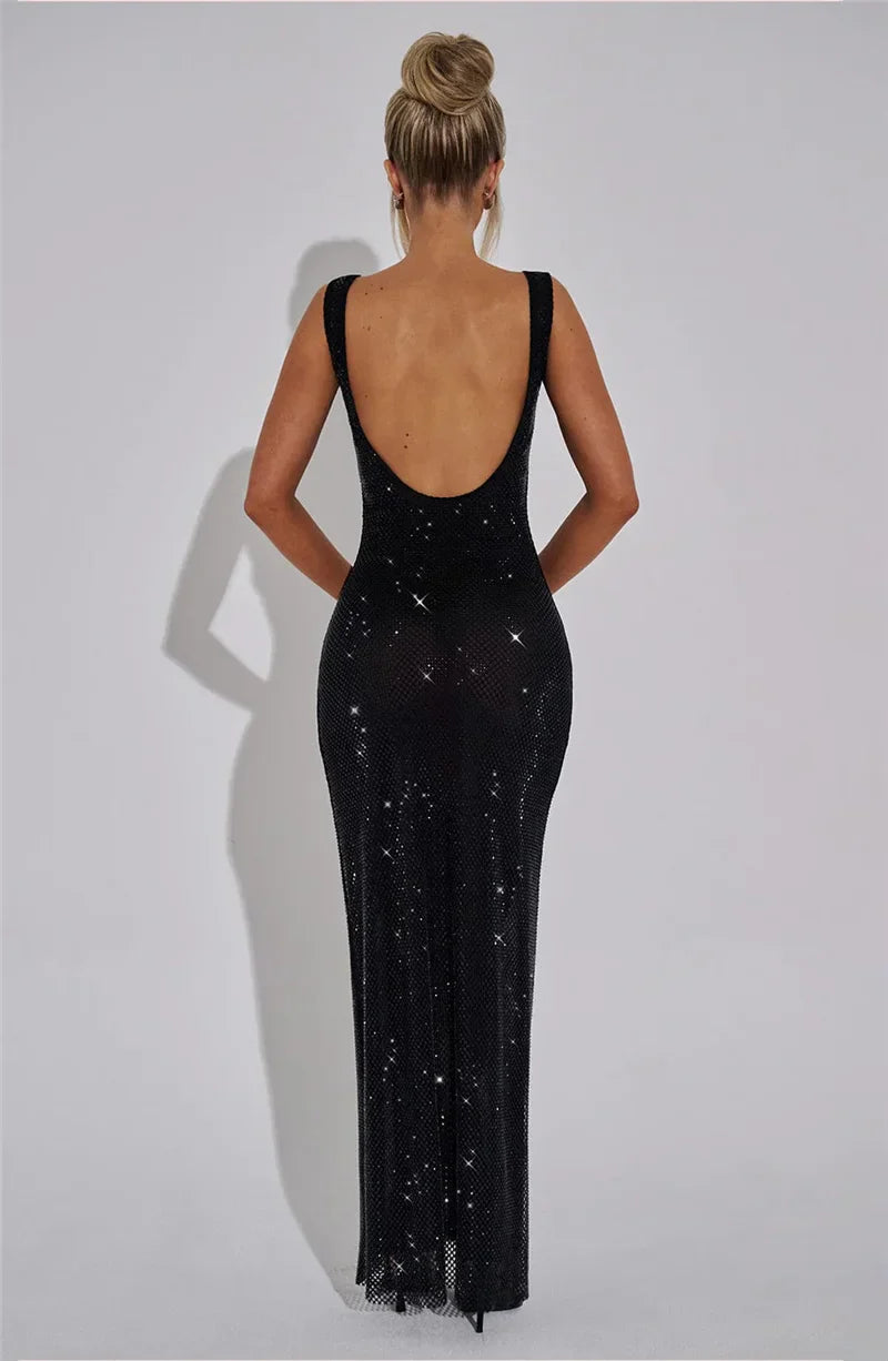Sparkle Sequin Backless Maxi Dress – Sleeveless Club Gown with Square Neck
