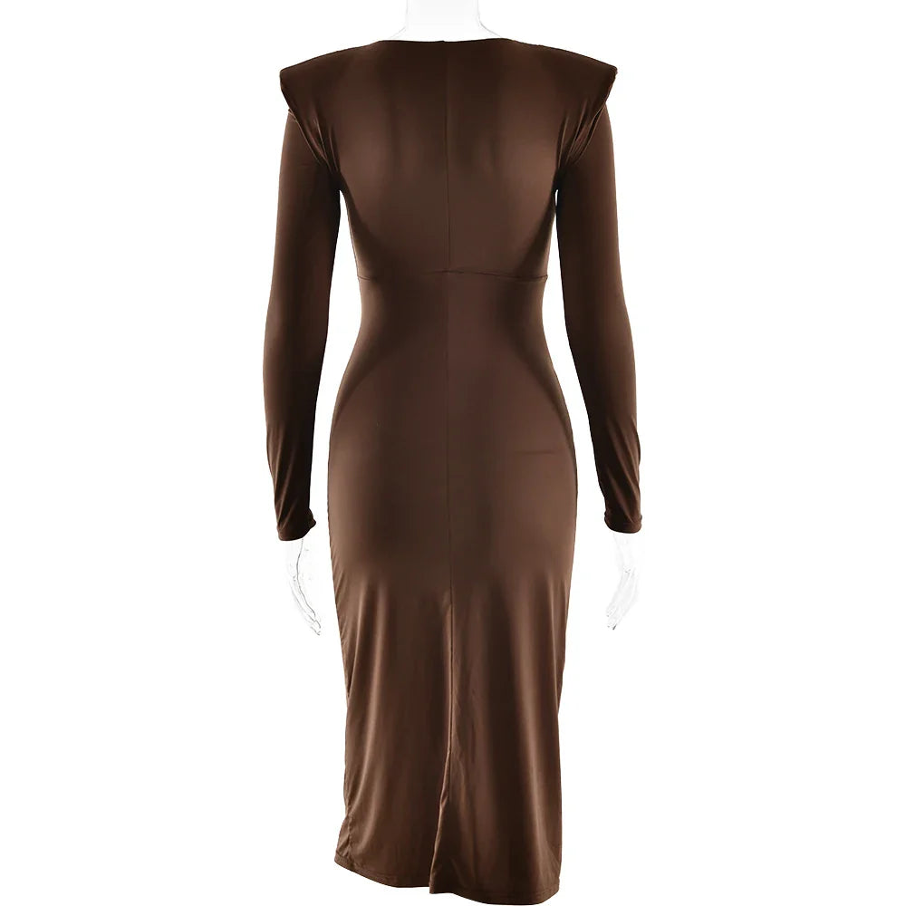 Long Sleeve Draped Metal Detail Maxi Dress