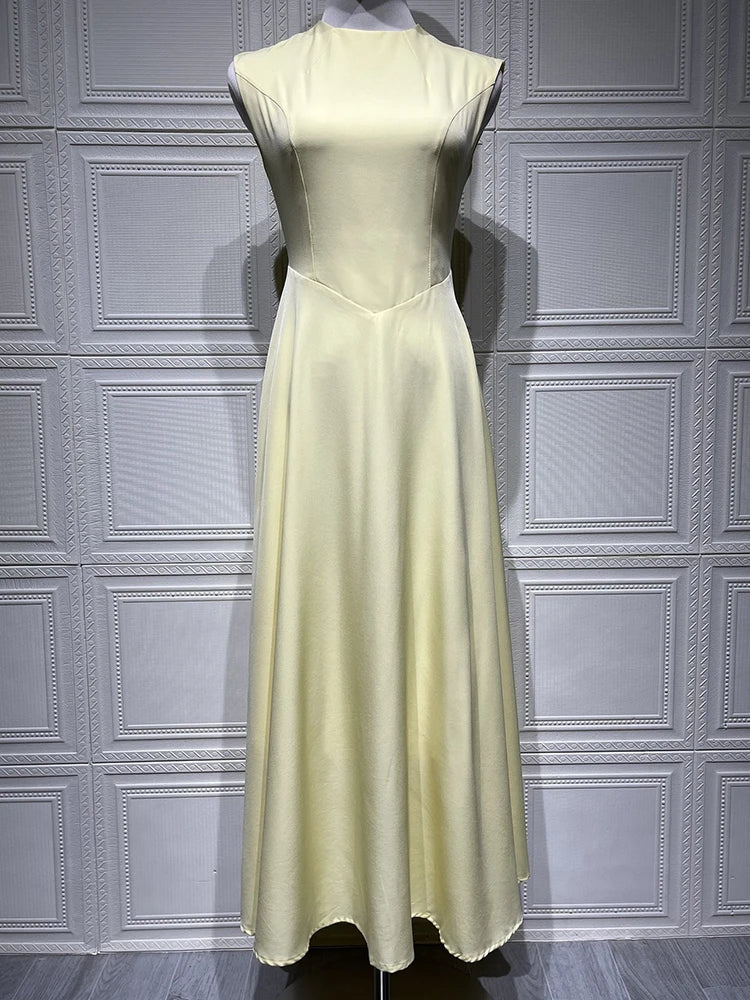 Light Yellow A-Line Maxi Dress | Sleeveless O-Neck Elegant Gown