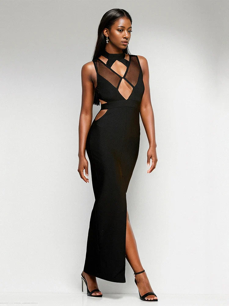 Black Mesh Patchwork Bandage Dress | Sleeveless Bodycon Gown