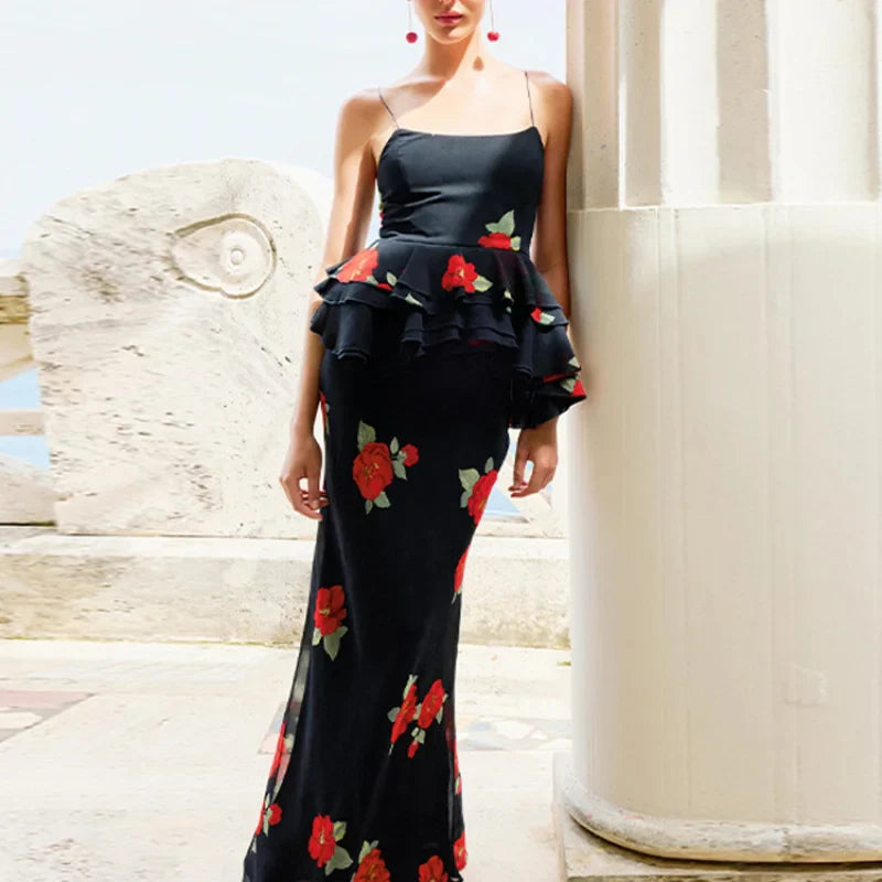 Floral Black Peplum Skirt Set – Vacation Glam with a Structured Edge