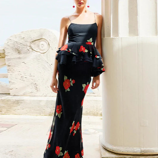 Floral Black Peplum Skirt Set – Vacation Glam with a Structured Edge