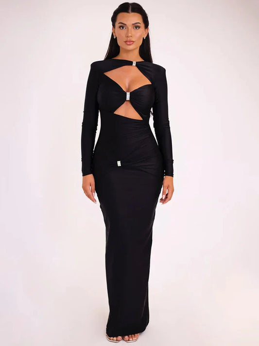 Black long-sleeve dress with cut-out design on a white background