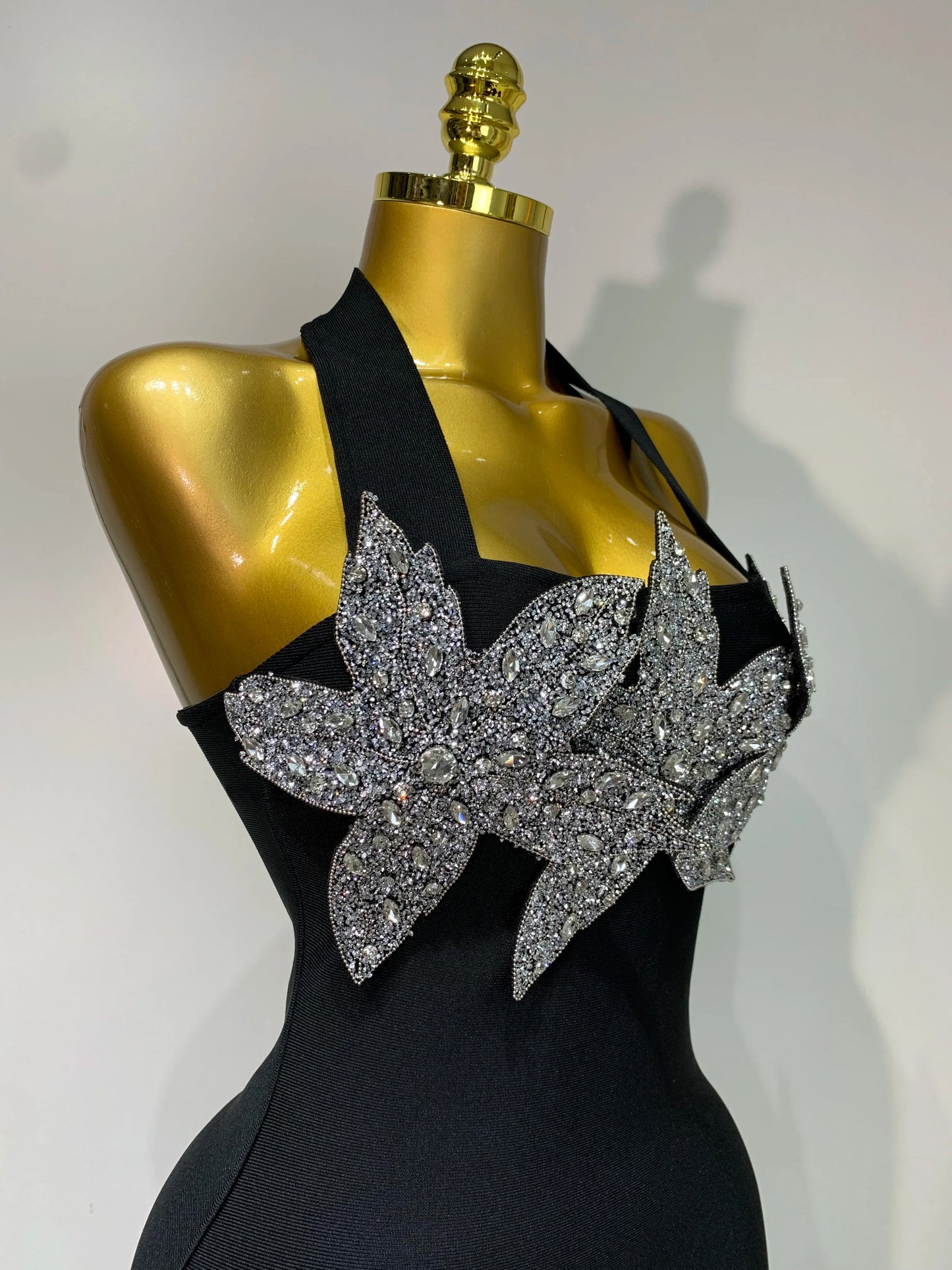 Black Halter Backless Shiny Diamond Flower Bodycon Dress
