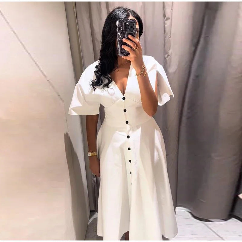 Vibe & Grace A-Line White Dress – V-Neck Empire Waist Midi with Button Front