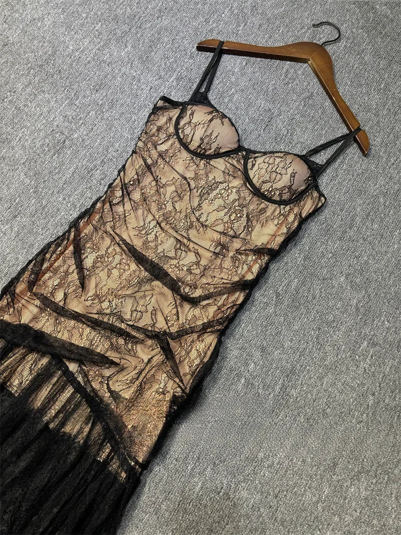 Black Lace Mesh Bodycon Gown with Sheer Overlay