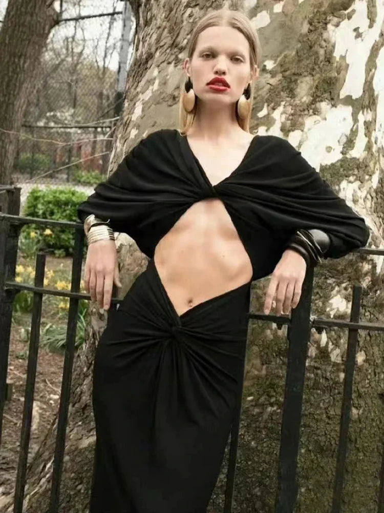Black Long Sleeve Cut-Out Wrap Maxi Dress